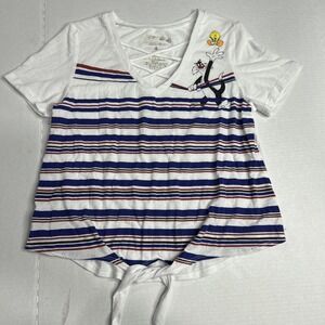 Looney Tunes Women Top Small White Striped T-Shirt Crop Tweedy‎ Sylvester   177